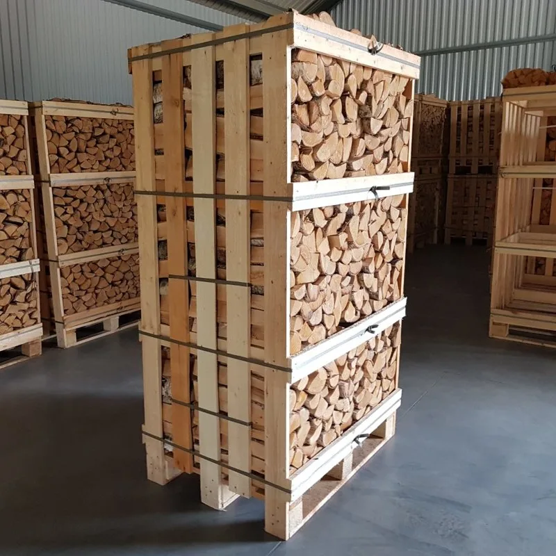 Kiln-dried birch firewood stacked in 1.8 RM wooden crates at our yard